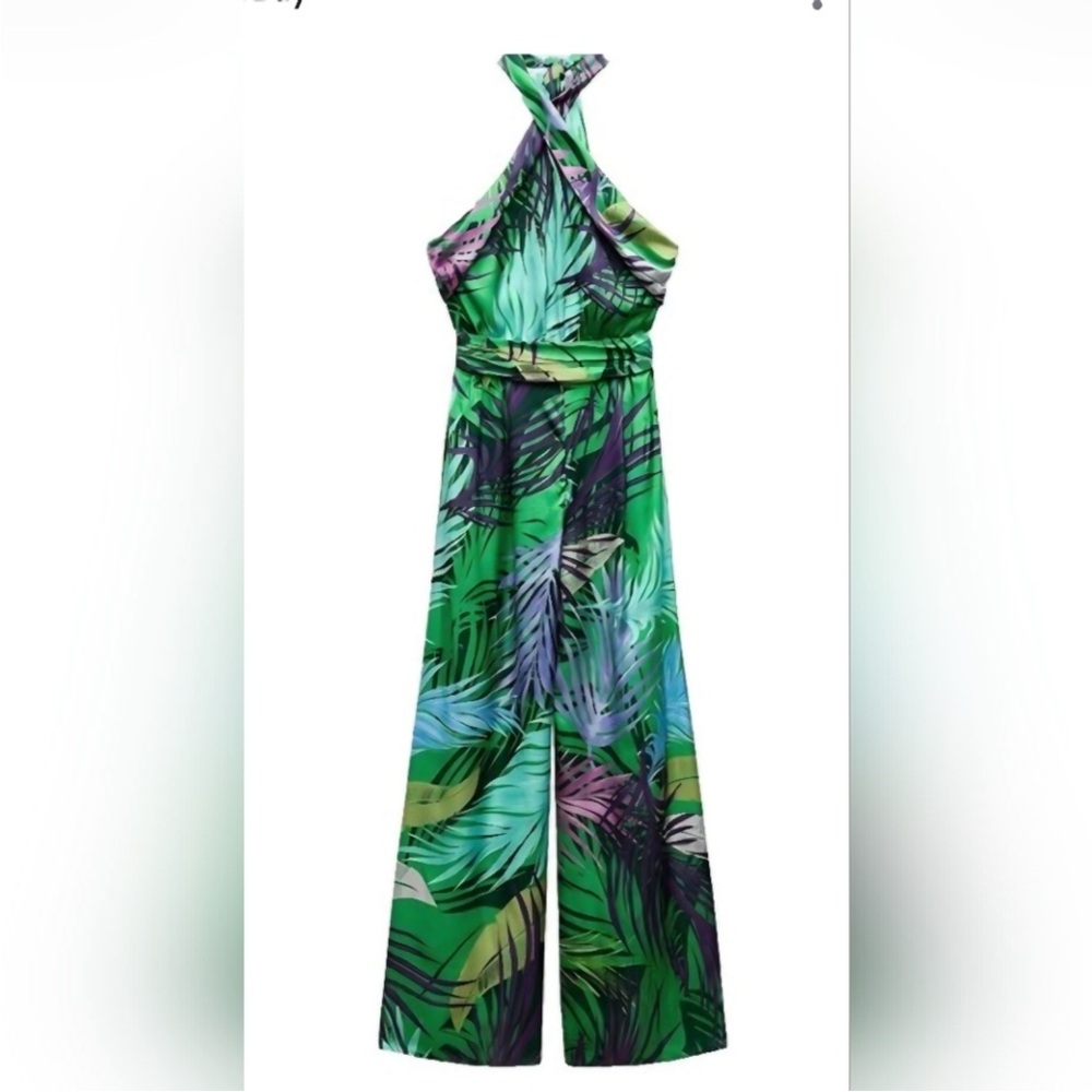 NWT Zara Vibrant tropical Leaf Print halter Jumpsuit - M - Picture 5 of 6